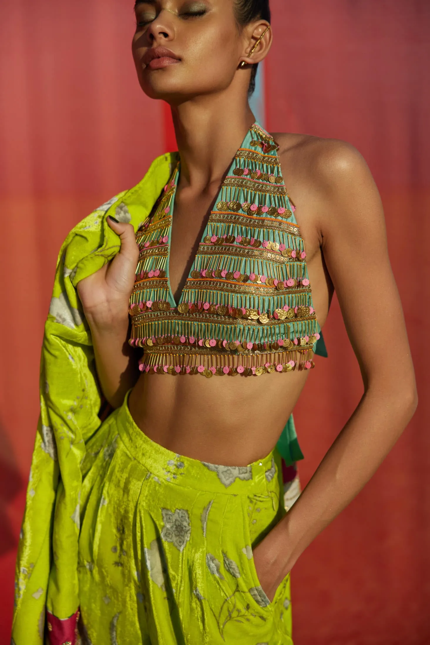 B.Lime Printed Silk Velvet Jacket Co-Ord Set