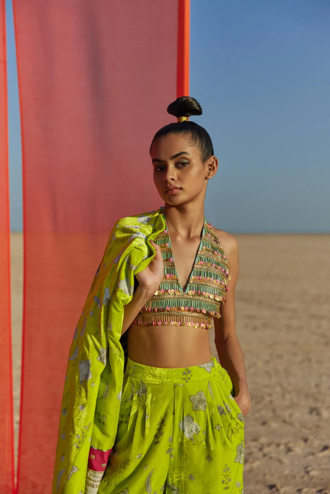 B.Lime Printed Silk Velvet Jacket Co-Ord Set