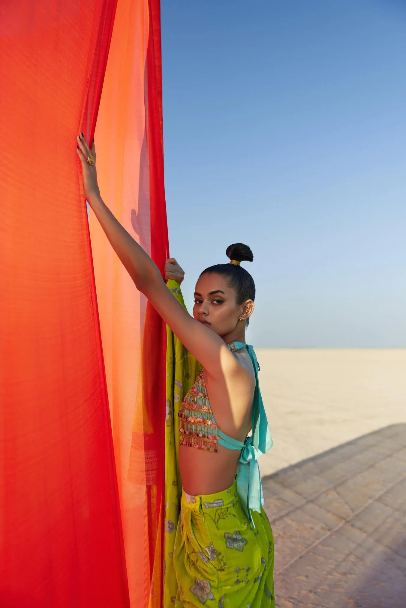 B.Lime Printed Silk Velvet Jacket Co-Ord Set