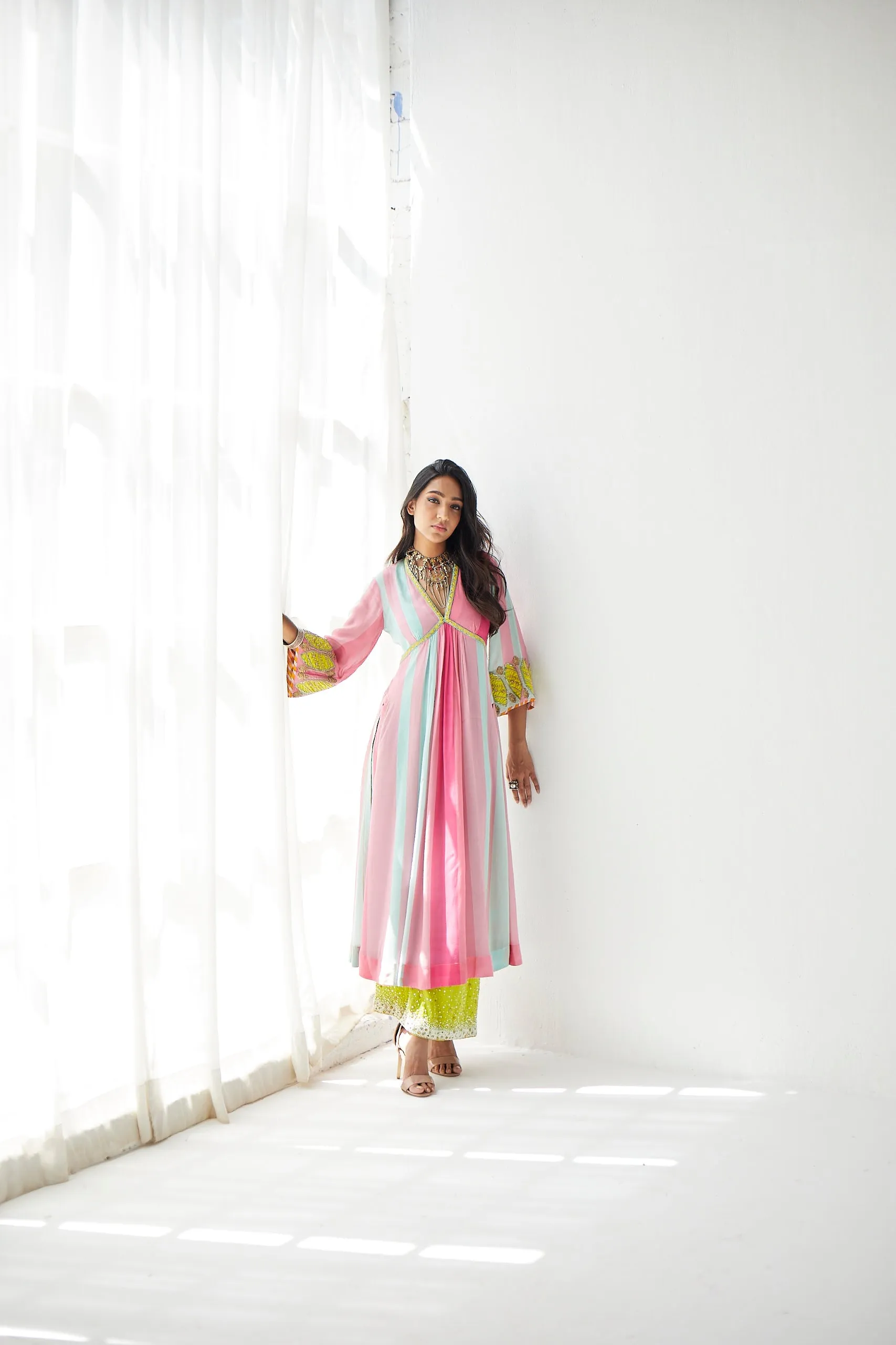 Bright Pink Bell Sleeve Kurta Set