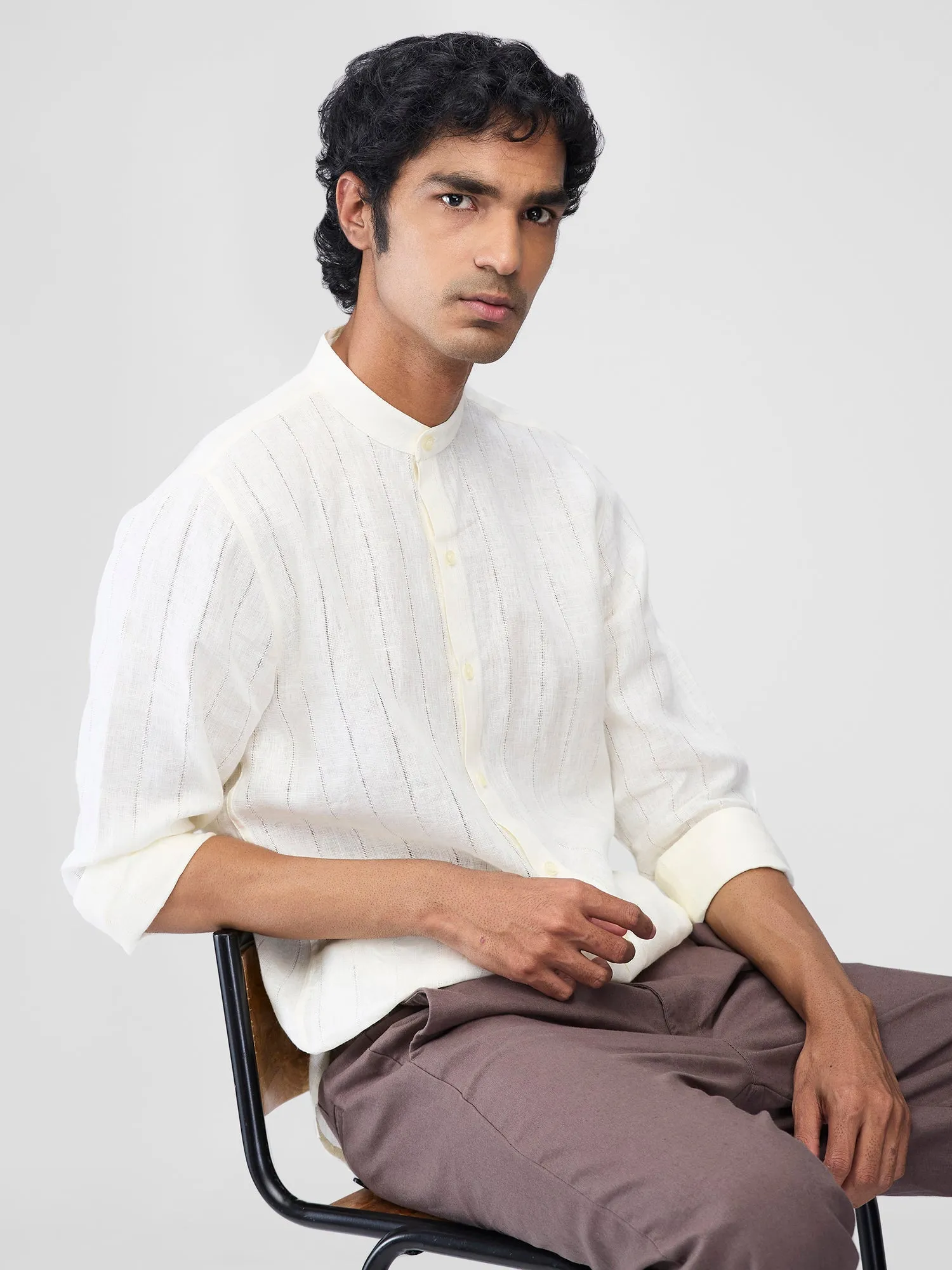 Ecru 100% Linen Stripes Shirt
