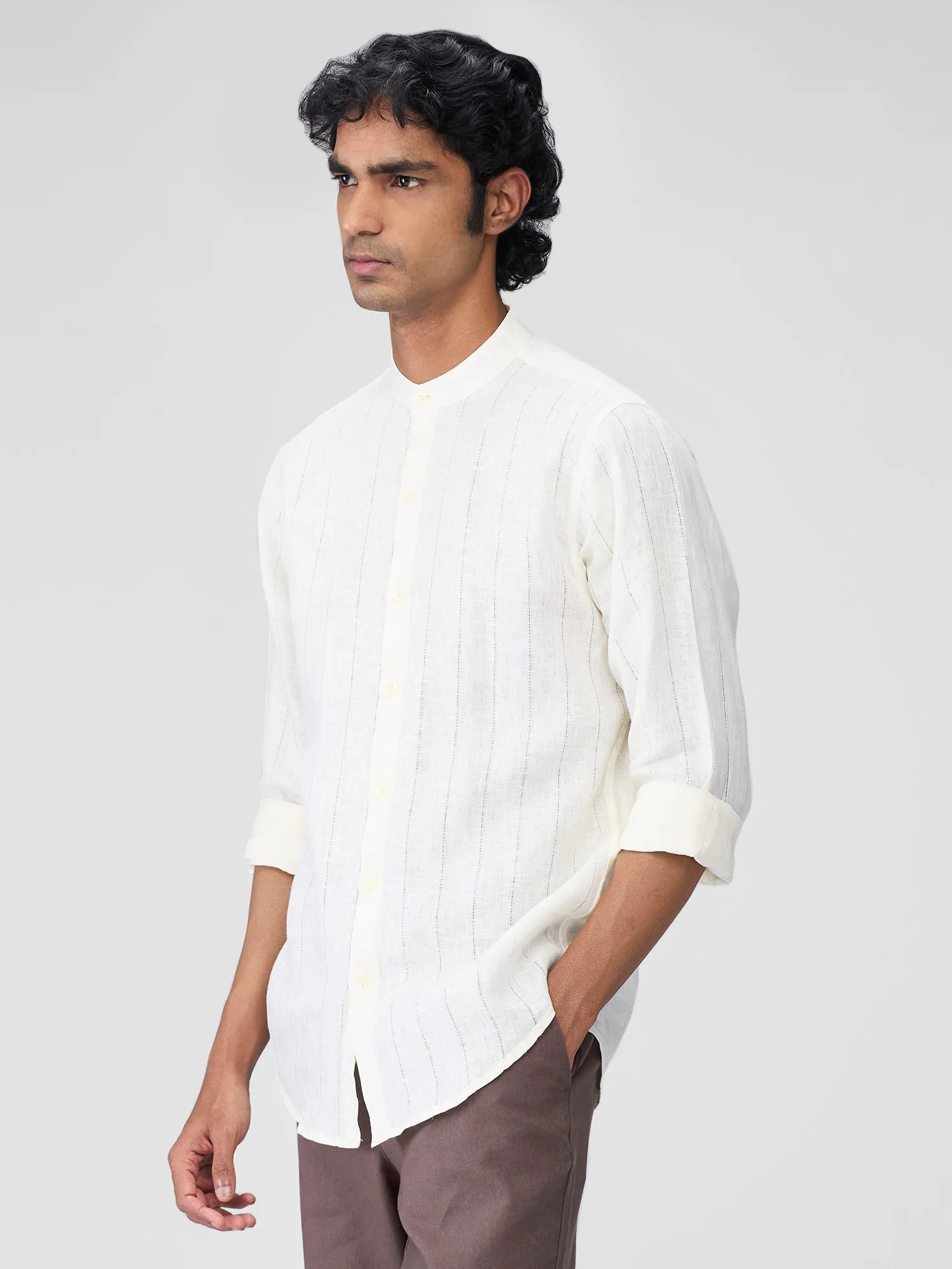 Ecru 100% Linen Stripes Shirt