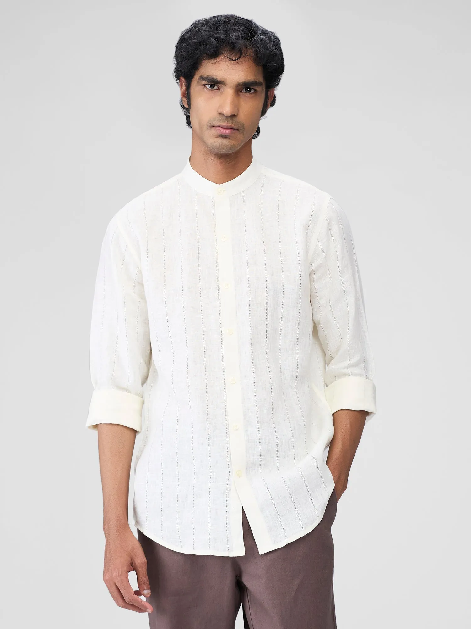Ecru 100% Linen Stripes Shirt
