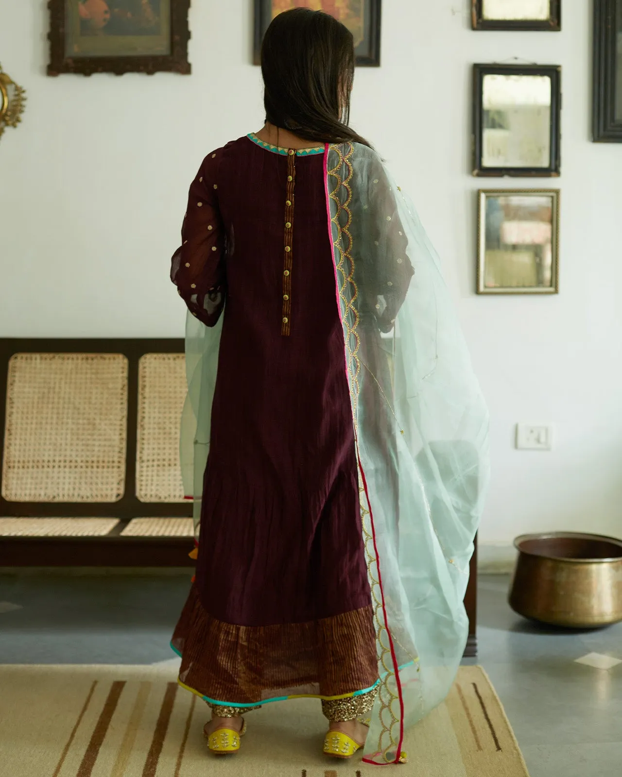 Firdaus Wine Tiered  Kurta set