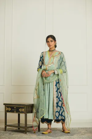 Mehzabeen Teal Blue - Powder Blue Printed Panel Kurta Set
