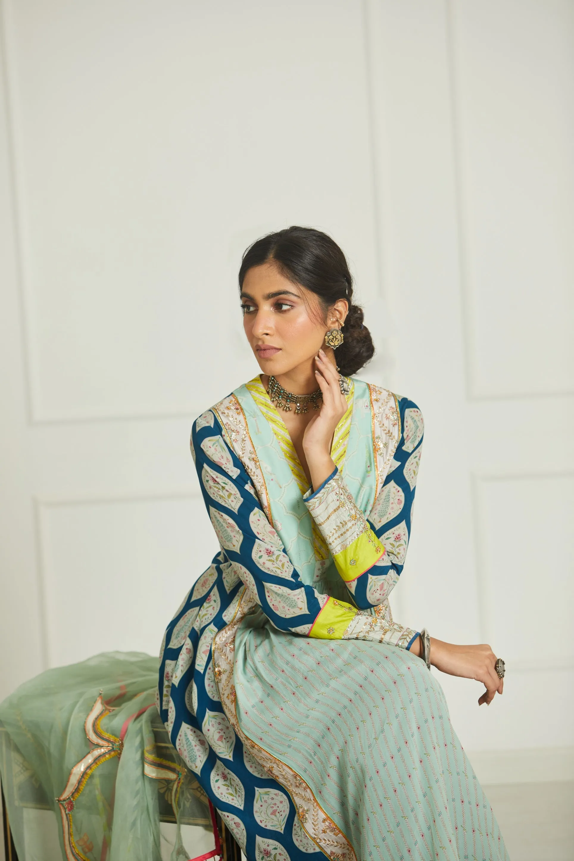 Mehzabeen Teal Blue - Powder Blue Printed Panel Kurta Set