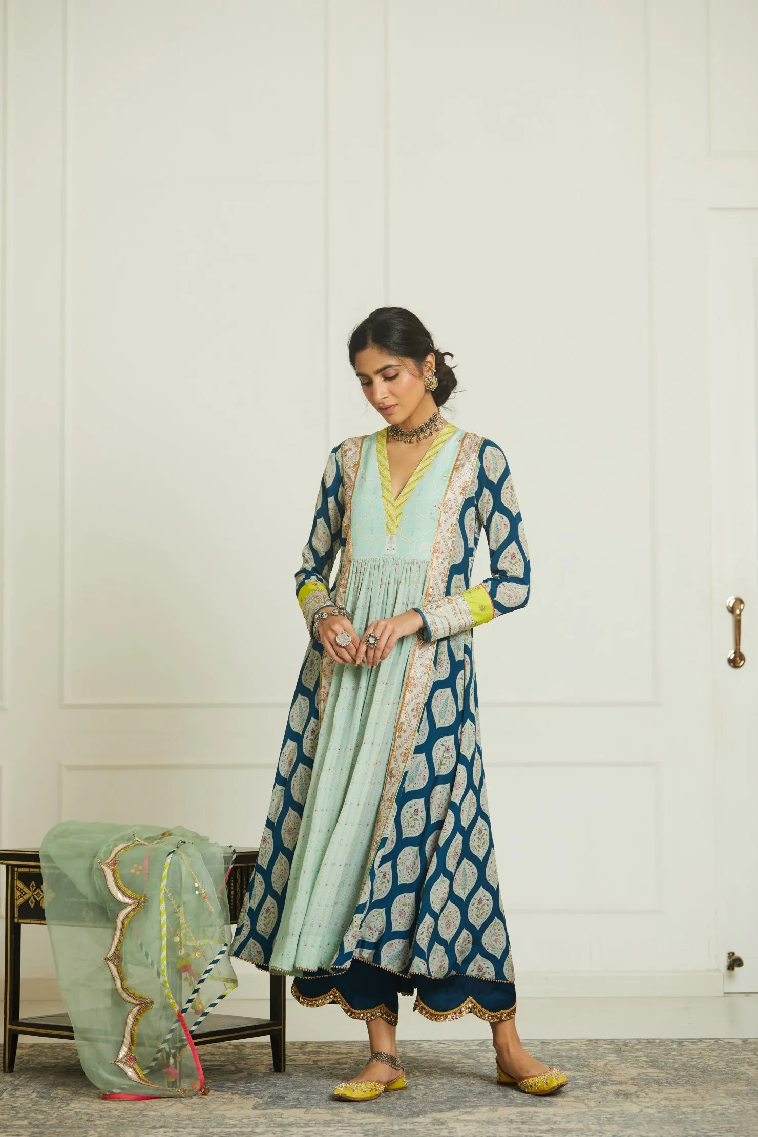 Mehzabeen Teal Blue - Powder Blue Printed Panel Kurta Set