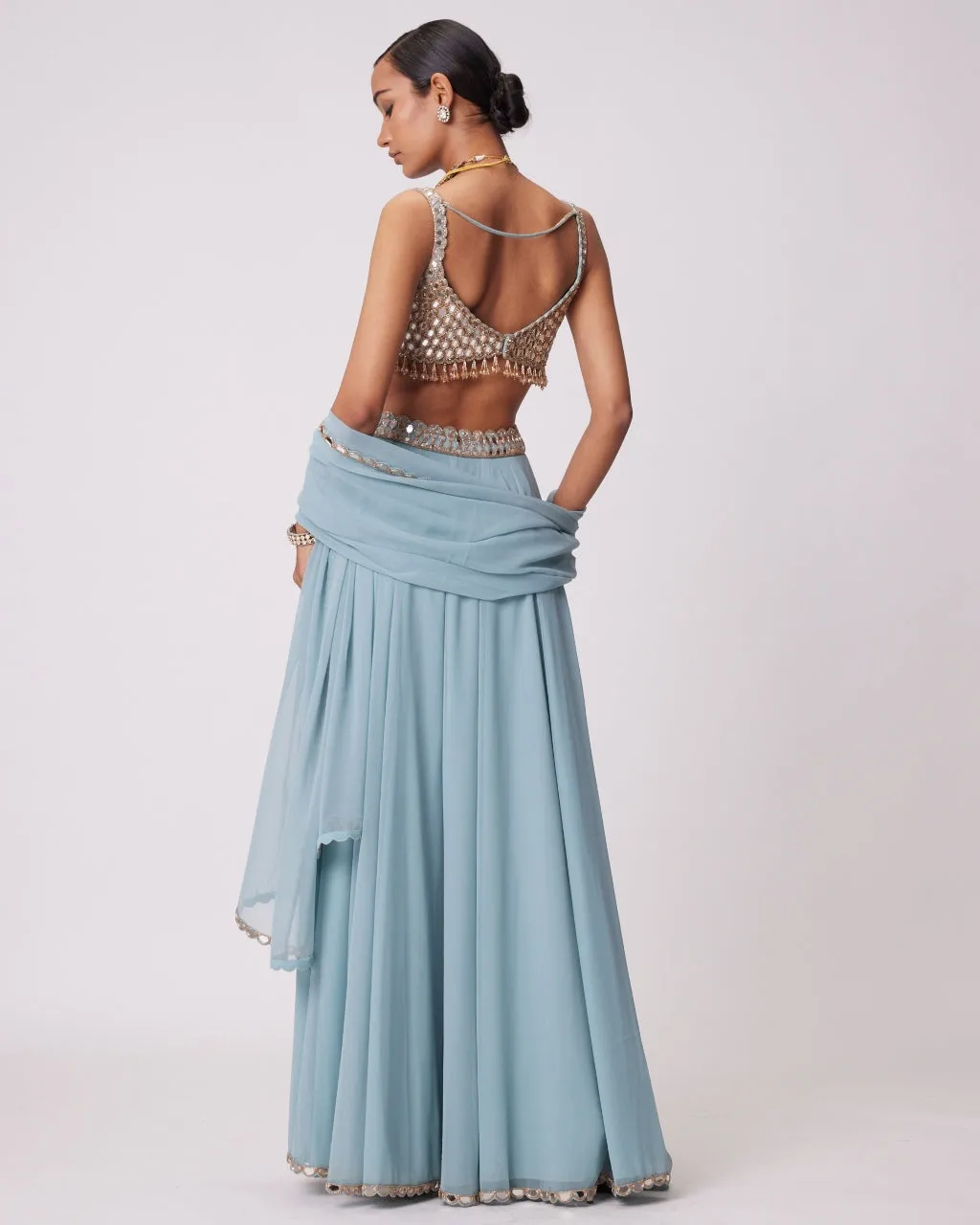 Powder Blue Mirror Embroidered Sharara Set