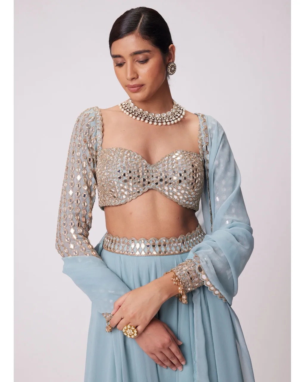 Powder Blue Mirror Embroidered Sharara Set