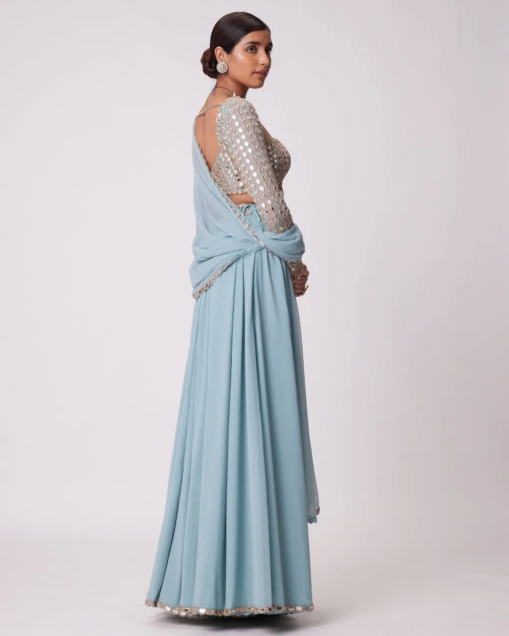 Powder Blue Mirror Embroidered Sharara Set