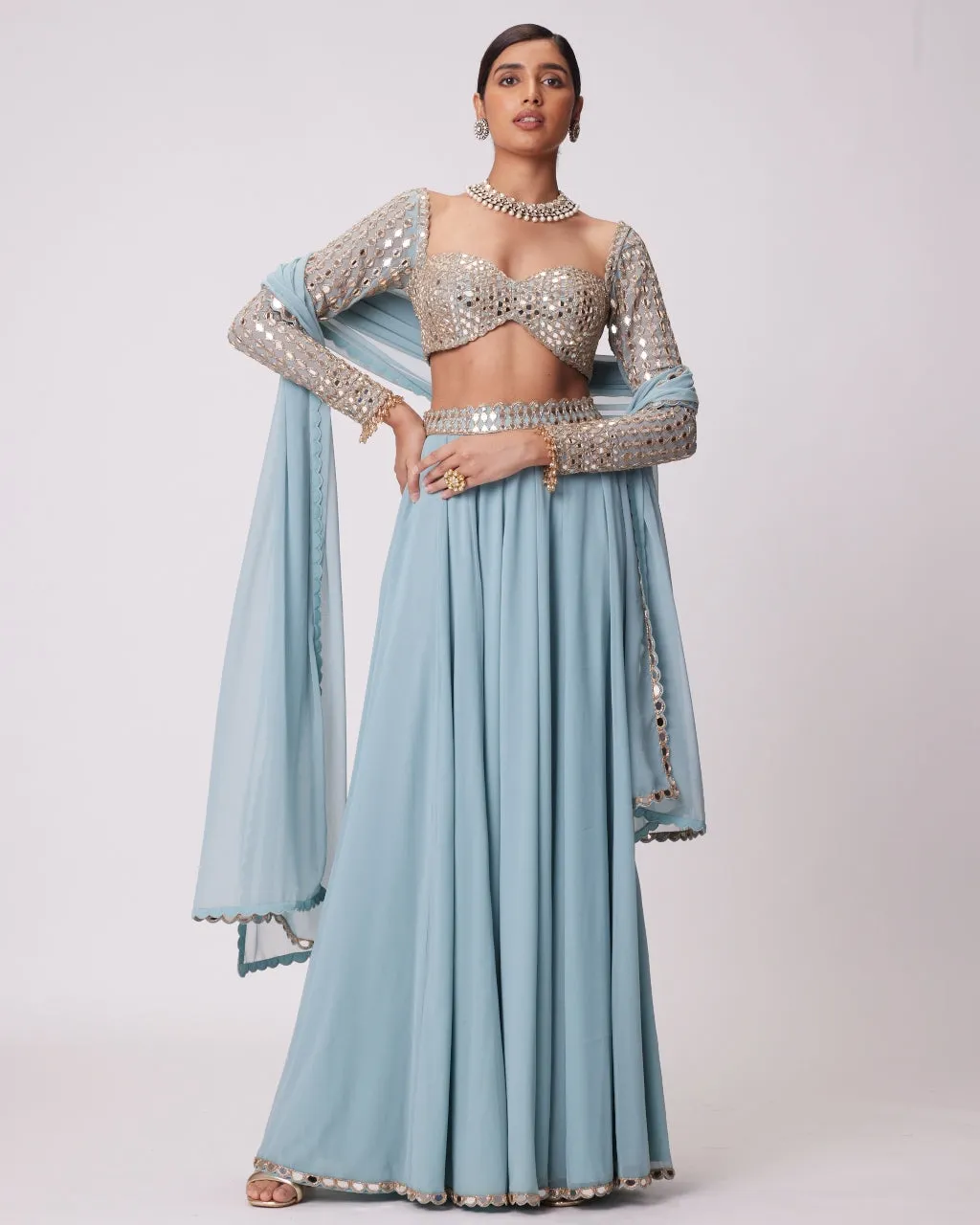 Powder Blue Mirror Embroidered Sharara Set