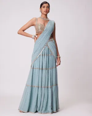 Powder Blue Multi Tier Hand Embroidered Sari Set
