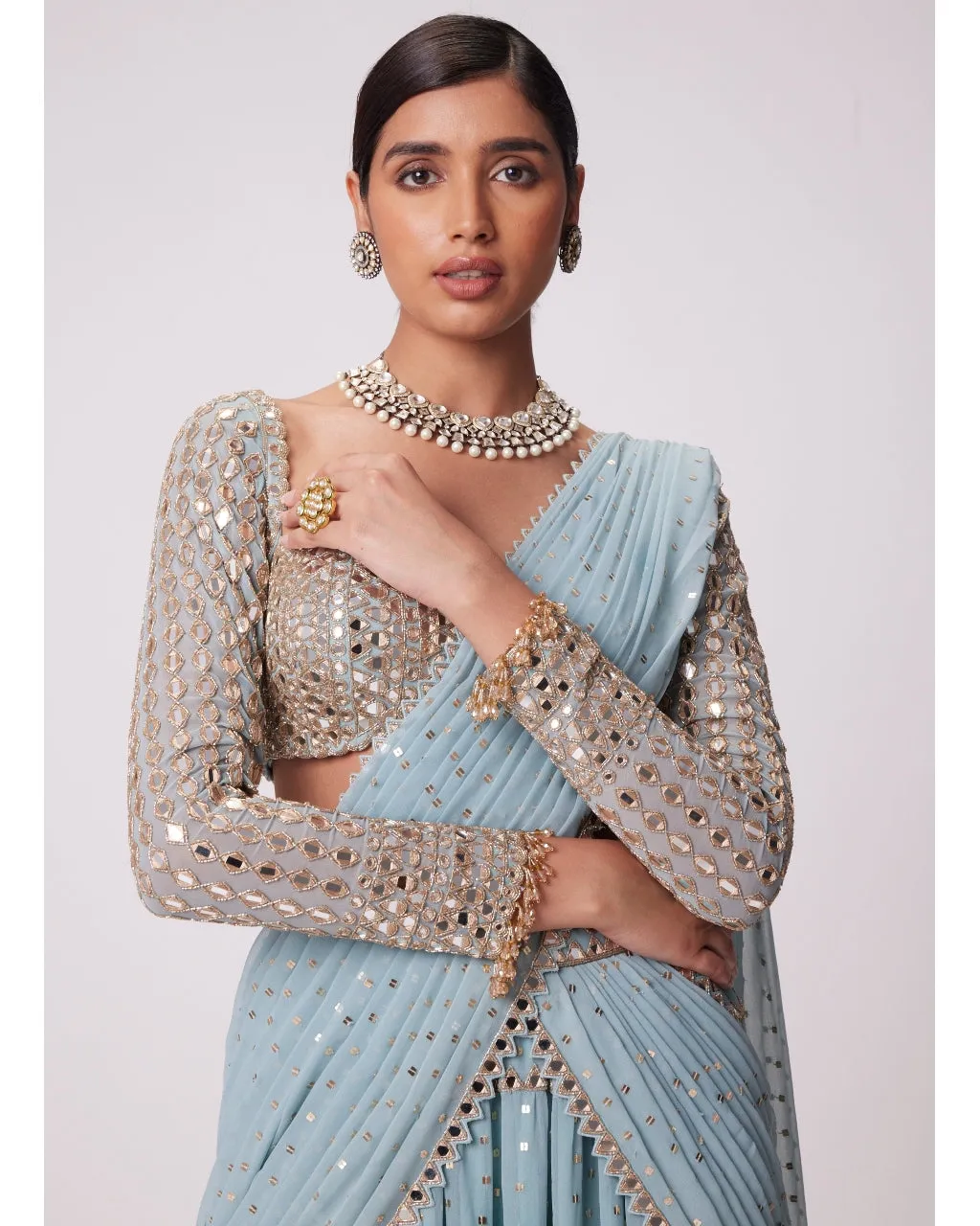 Powder Blue Multi Tier Hand Embroidered Sari Set