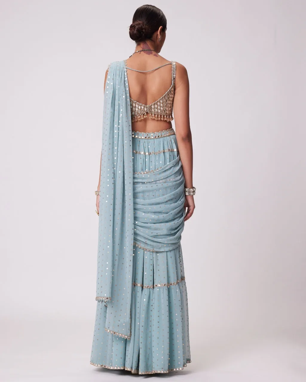 Powder Blue Multi Tier Hand Embroidered Sari Set