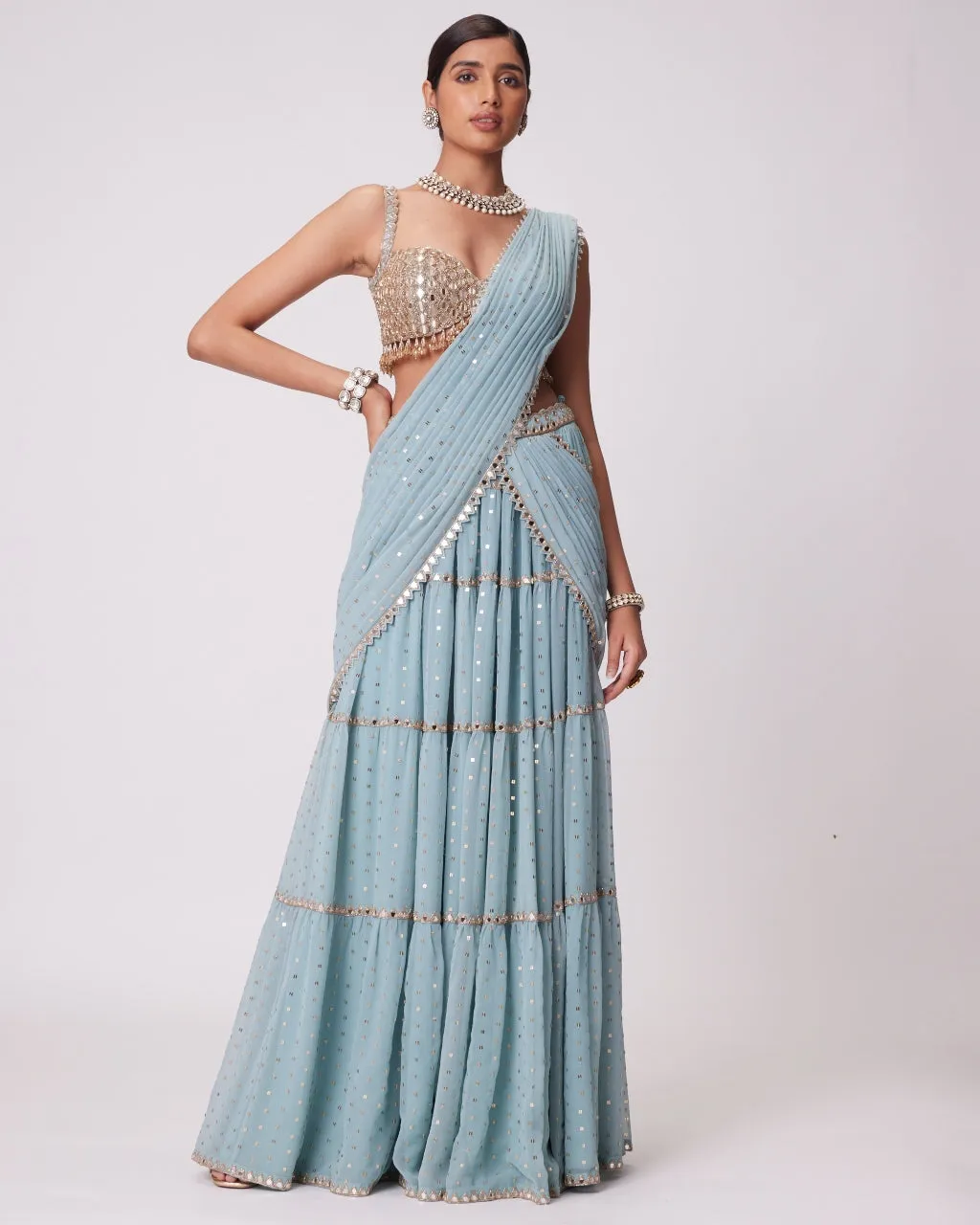 Powder Blue Multi Tier Hand Embroidered Sari Set