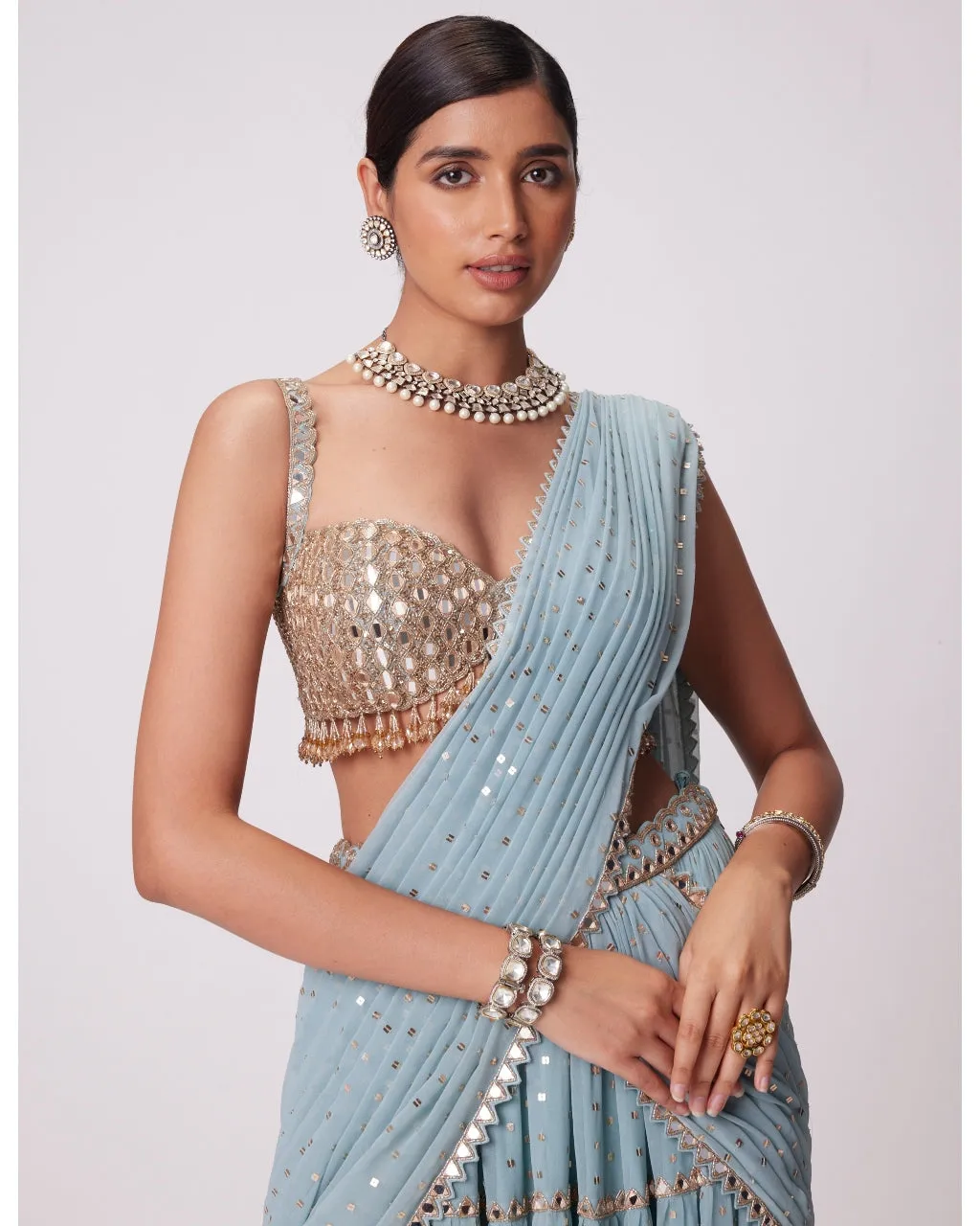 Powder Blue Multi Tier Hand Embroidered Sari Set