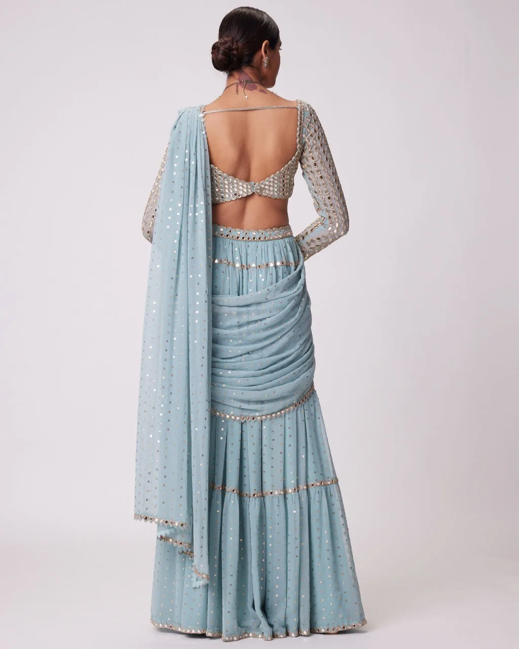 Powder Blue Multi Tier Hand Embroidered Sari Set