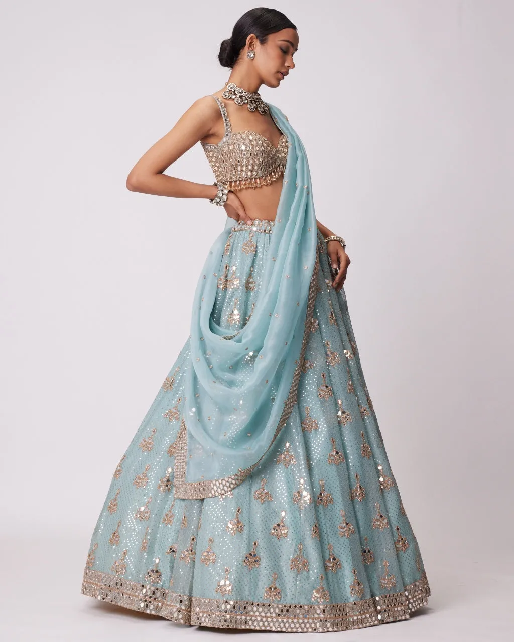 Powder Blue Organza Sequin Embroidered Lehenga Set