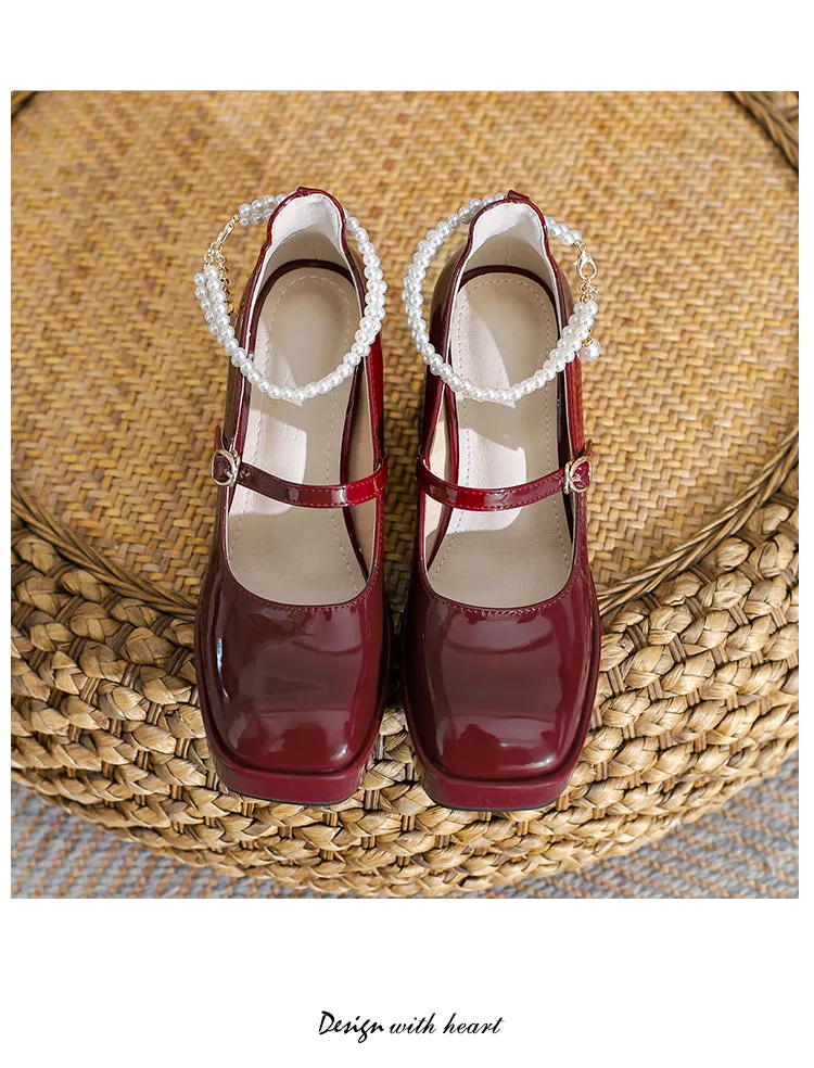 Waterproof Platform Small Red Wedding Shoes Square Toe Strap