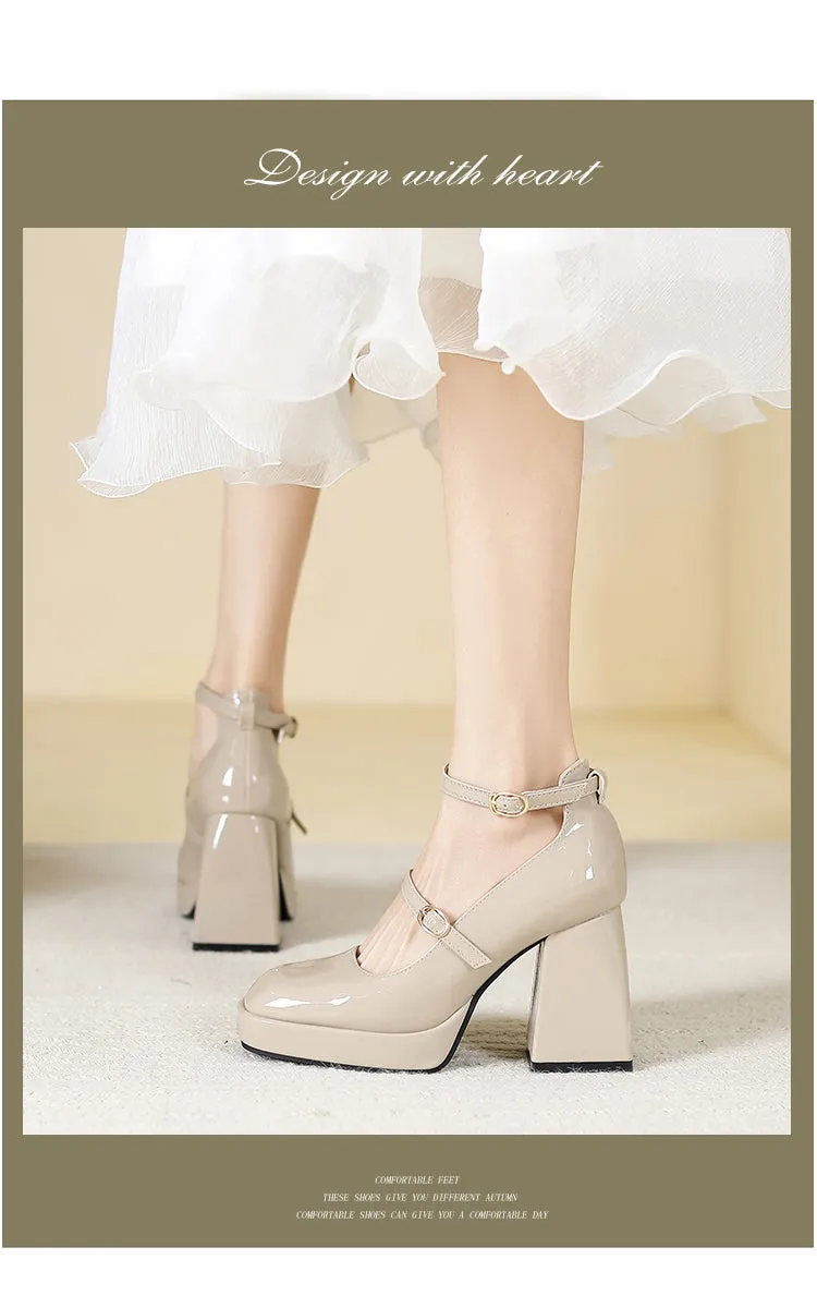 Waterproof Platform Small Red Wedding Shoes Square Toe Strap