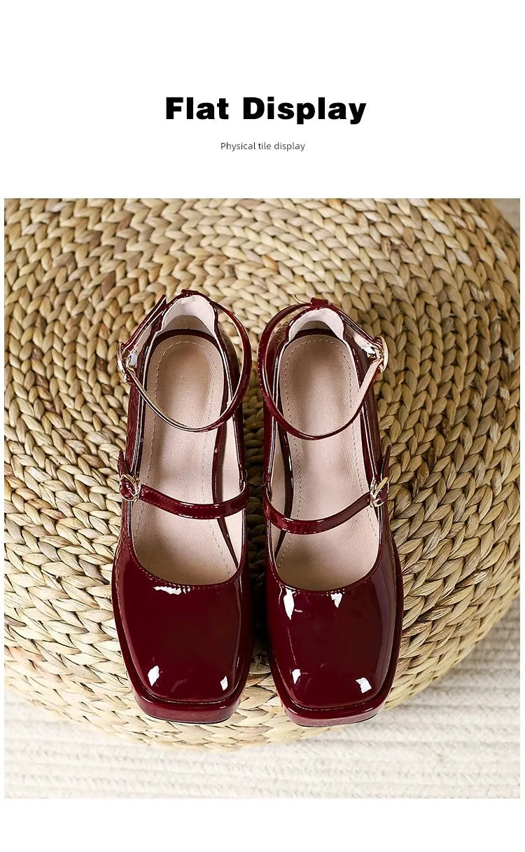 Waterproof Platform Small Red Wedding Shoes Square Toe Strap