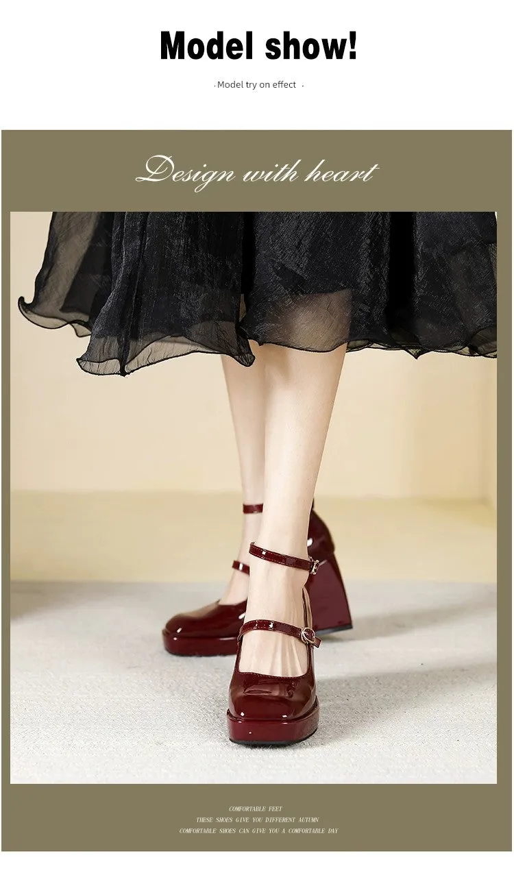 Waterproof Platform Small Red Wedding Shoes Square Toe Strap