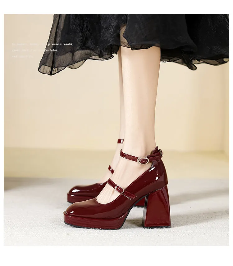 Waterproof Platform Small Red Wedding Shoes Square Toe Strap